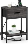 Vagusicc Nightstand with Charging Station, End Table with Fabric Drawer, Small Side Table with 2-Tier Storage Shelves, 25.4" Tall Night Stand, Bedside Table for Bedroom, Living Room, Dorm, Black Oak