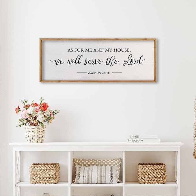 comurdyo Christian Wall Art As For Me And My House We Will Serve The Lord Joshua 24:15 Bible Verse Sign 32×12 Inch Scripture Plaque for Bedroom Above Bed Large Wood Framed Wall Decor (Wood)