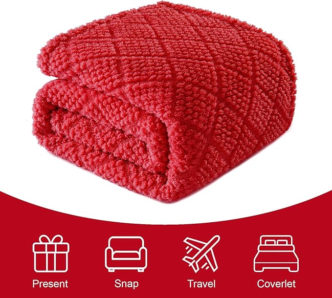 Whale Flotilla Fuzzy Fleece Throw Blanket for Couch, Bed, Soft Fluffy Jacquard Waffle Blankets for All Season, Lightweight and Warm, 50x60 Inch, Red