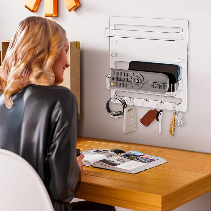 Ejoyous Bedside Shelf Wall Mount, Adhesive Phone Holder Organizer with Hooks and Cable Clips On Dorm Room, Wall Storage for Glasses Remote Earphone Cell Phone Charger Keys Snacks (Transparent)