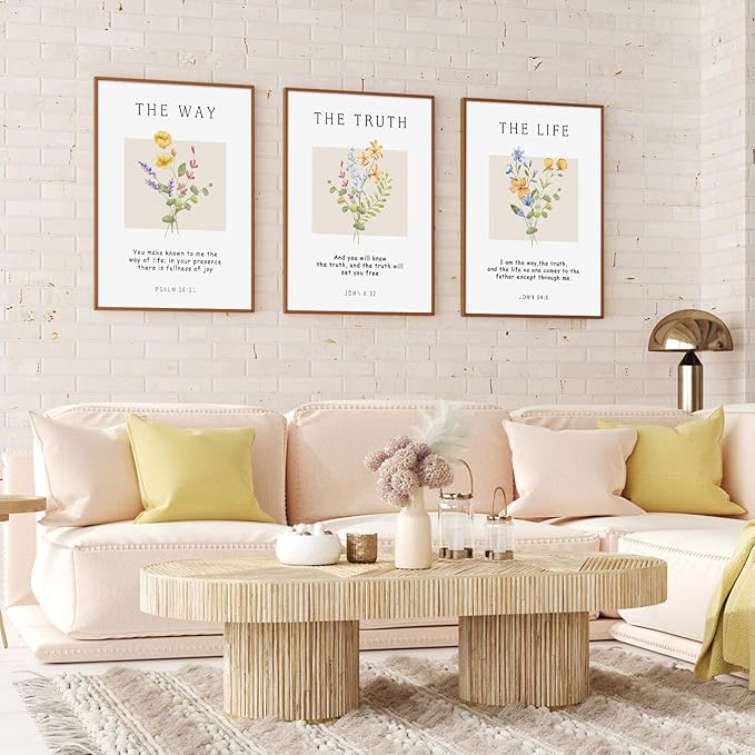 CHDITB Floral Christian Framed Canvas Wall Art Set, Bible Verse Wall Decor, The Way The Truth The Life Wall Painting,Botanical flowers Scripture Art Prints for Living Room Prayer Decor(12X16 Inch)