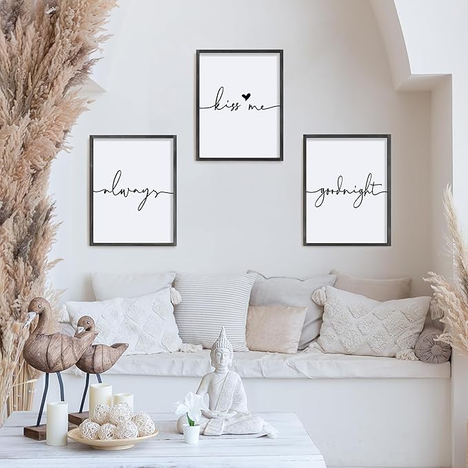 Houmury Set of 3 Framed Wall Art Always Kiss Me Goodnight Farmhouse Sign Bedroom Wall Decor for Master Bedroom Decor Wood Signs (Black, 16"x24")