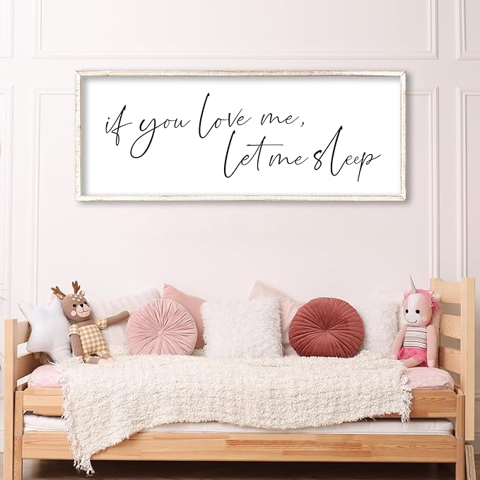 If You Love Me Let Me Sleep Sign Wall Decor 40"×15" Above Over Bed Master Bedroom Large Wood Framed Wall Hanging Art (White)