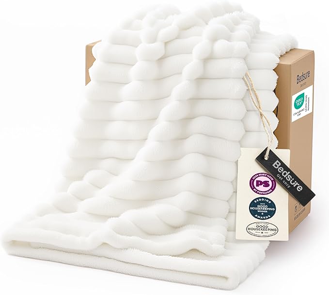 Bedsure GentleSoft White Throw Blanket for Couch - Soft Cozy Fleece Throw Blankets for Women Girls, Mothers Graduation Birthday Gifts for Women Her Mom, Room Home Spring Decor, Off White, 50x60 Inches