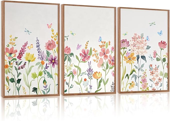 CHDITB Colorful Wildflower Framed Canvas Wall Art Print, Nature Butterfly Poster, Flower Wall Decor, Watercolor Floral Pictures, Botanical Art Prints For Girl Room Living Room Nursery Decor 16"x24"x3