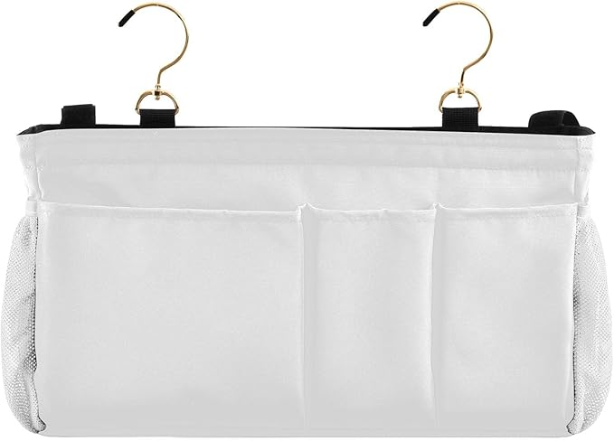 DOMIKING White Bedside Caddy for Dorm Bed Recliner Armrest Organizer with Hooks Haning Holders for Bunk Bed Rails Headboards