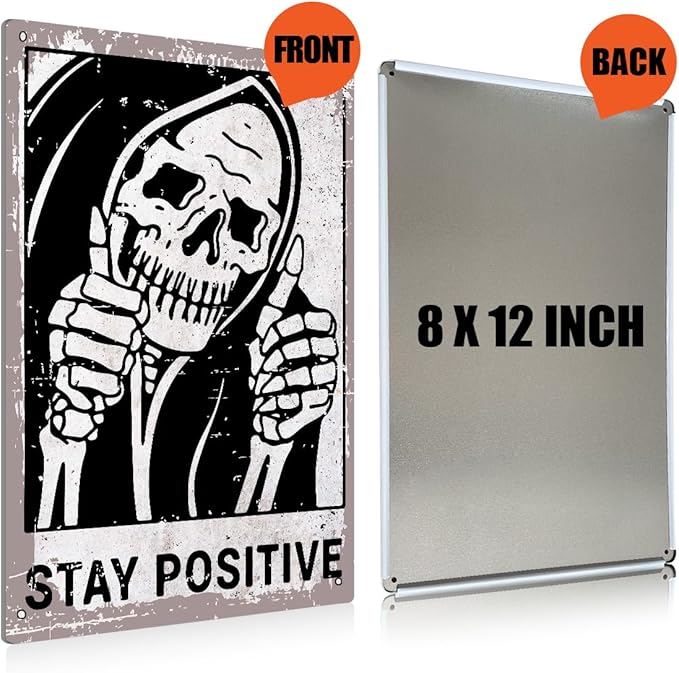 BEASTZHENG Vintage Stay Positive Skull Sign Metal Tin Sign Wall Décor Funny Retro Sign for Home Living Room Bedroom Halloween Decor Gifts - 8x12 Inch