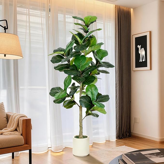 6FT Fiddle Leaf Fig Artificial Tree with White Planter Pot,Faux Floor Plant, Indoor and Outdoor Fake Plants for Home Office Decor