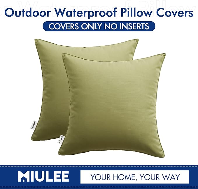 MIULEE Pack of 2 Sage Green Decorative Outdoor Waterproof Pillow Covers Square Garden Cushion Sham Throw Pillowcase Shell for Spring Patio Tent Couch 20x20 Inch