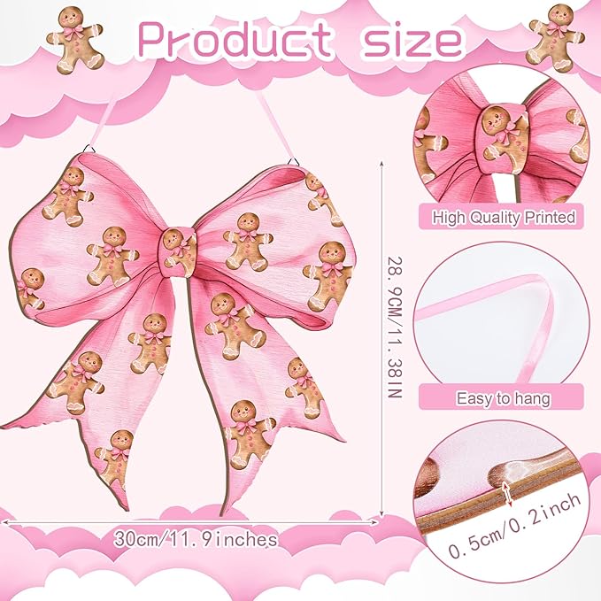 RattanView Pink Christmas Gingerbread Man Coquette Bows Wooden Hanging Sign Cute Preppy Aesthetic Wall Art Bowknot Welcome Door Sign Cute Season Decor for Xmas Room Decor