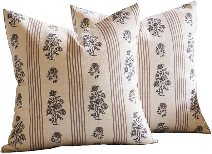 Amor Virisso Floral Throw Pillow Covers 20x20 Set of 2 Block Print Pillow Covers Neutral Floral Striped Farmhouse Decorative Pillow Covers for Sofa Couch Bed, Brown