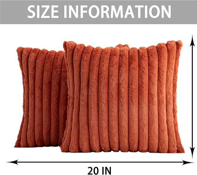 Aegero Pack of 2 Faux Fur Christmas Throw Pillow Covers 20x20 Inch, Soft Plush Striped Neutral Couch Pillow Cover, with Velvet Back Modern Home Decor for Sofa Living Room Couch Bed Rust