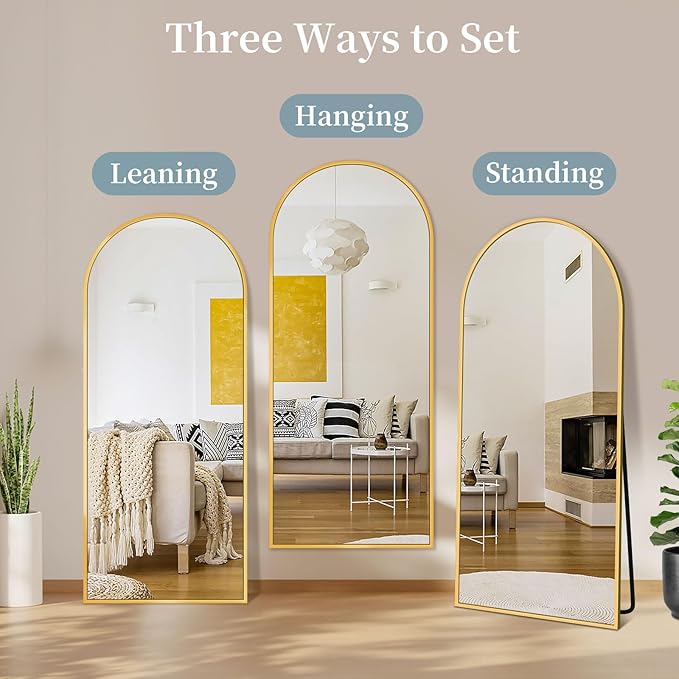 Full Length Mirror with Stand, 64"x21" Arched Full Body Mirror, Large Stand Up Aluminum Frame Floor Freestanding Hanging Leaning Mounted for Bedroom Living Room Entryway Gold