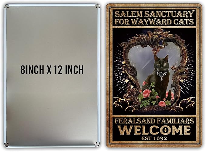 QIONGQI Vintage Witch Cat Metal Tin Sign Wall Decor Retro Black Cat Witchy Art Signs for Home Decor Gifts