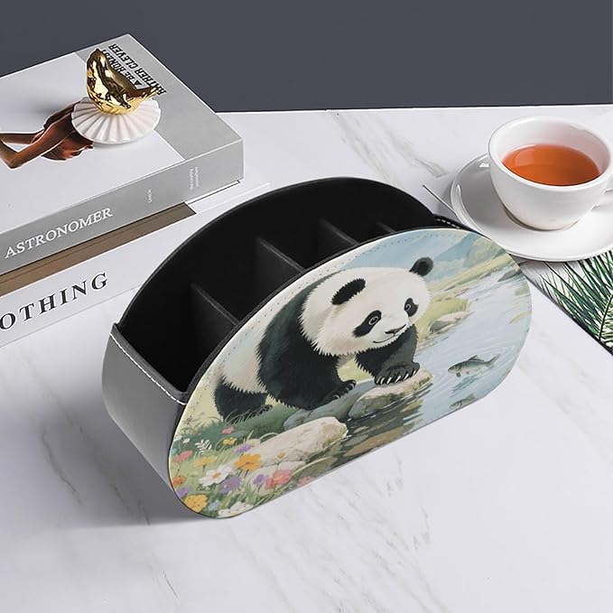 Panda Playful Fish Remote Control Holder Organizer Box with 5 Compartment PU Leather Bedside Storage Caddy Remote Organizer for Controller Media Player Pen/Pencil Storage