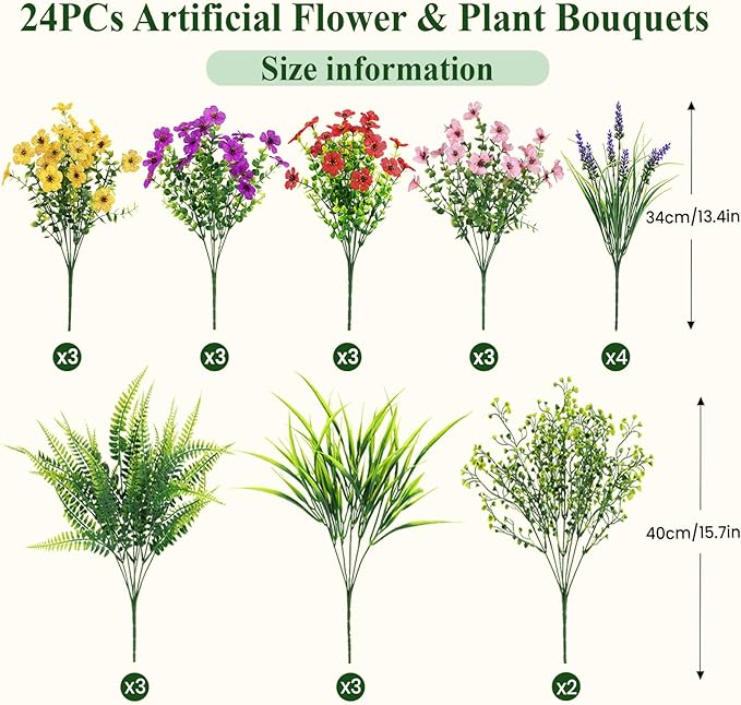 Alupssuc 24 Bundles Artificial Flowers for Outdoors Spring Decoration, UV Resistant Eucalyptus Violet and Lavender Silk Fake Plants for Outside Indoor Yard Home Patio Decor, Red Purple Yellow Pink