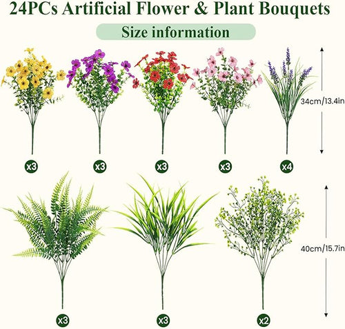 Alupssuc 24 Bundles Artificial Flowers for Outdoors Spring Decoration, UV Resistant Eucalyptus Violet and Lavender Silk Fake Plants for Outside Indoor Yard Home Patio Decor, Red Purple Yellow Pink