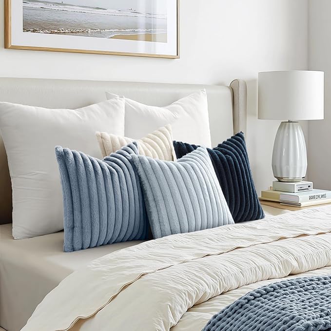 MIULEE Faux Fur Plush Decorative Throw Pillow Covers 18x18 Set of 4, Spring Modern Soft Fuzzy Coastal Striped Cushion Covers for Sofa Couch Bed Living Room Cozy Home Decor,Navy Blue