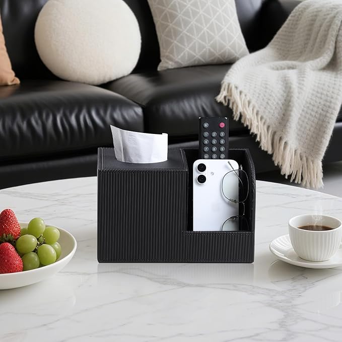 Square Tissue Box Cover with 2 Compartments Storage Organizer, PU Leather Tissue Box Holder with Remote Control Holder for Livingroom Nightstand, Multifunctional Cube Tissue Holder (Black)