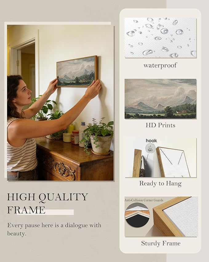 SHENIFY Vintage Framed Wall Art Rustic Cottage Country Riverside Landscape Scenery Home Decor Retro Mountain Decorations for Bedroom Ready to Hang Wall Artwork - 8x16in Natural Framed