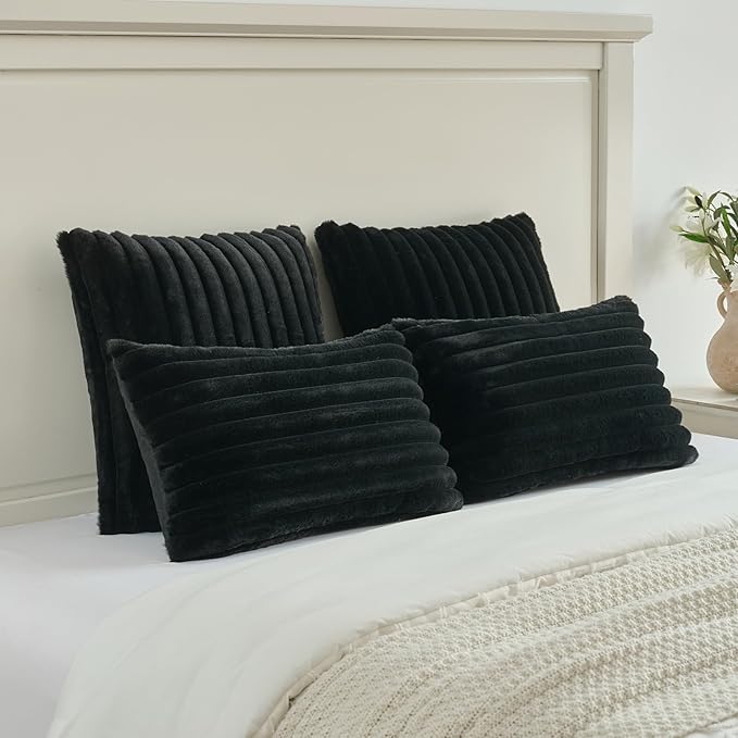 FUTEI Black Decorative Throw Pillow Covers Set of 2, 18x18 Inch Soft Fluffy Faux Fur Plush Striped Cushion Cases, Modern Home Decor for Couch Bed Living Room