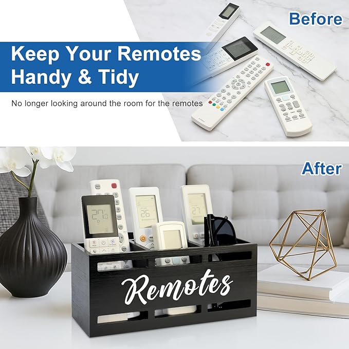 TV Remote Holder Wall Mount Remote Control Holders for Bed Wood Bedside Organizer Table Caddy Controller Holder Wall Mount Remote Controls Box Remotes Storage Black Caddies with 3 Slots
