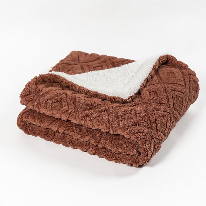 EverGrace Jacquard Boho Sherpa Fleece Throw Blanket for Couch, Super Soft Cozy Fuzzy Plush Blankets for All Seasons, Reversible Thick Warm Blanket for Bed, Sofa, Living Room, Terracotta, 50" x 60"