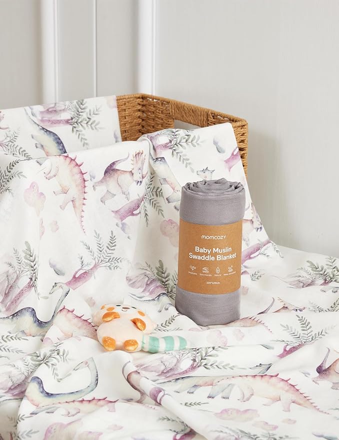 Momcozy Muslin Swaddle Blankets, Breathable and Skin-Friendly Muslin Swaddle, Baby Wraps Shower Gifts & Baby Registry Essentials, Large 47"x47", Jungle Dinosaur