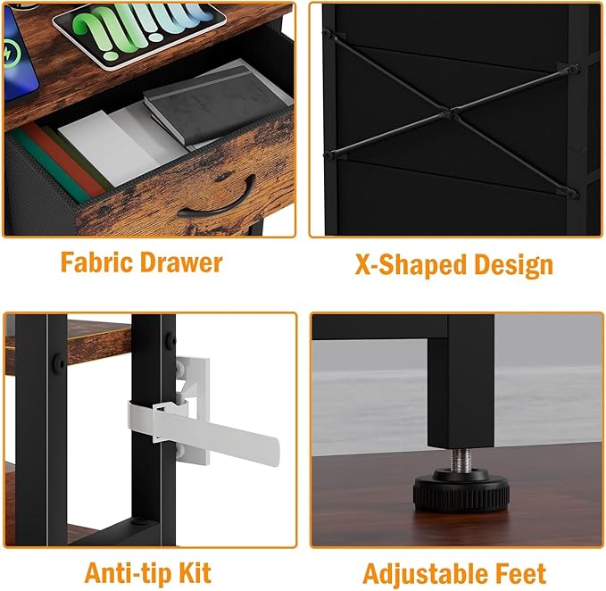 Furnulem Tall Night Stand with LED & USB Ports, 45.3inch Nightstand with Open Bookshelf, Bedside Table with 3 Fabric Drawers for Bedroom/Dorm/Office, Rustic Brown Wood-Metal Frame