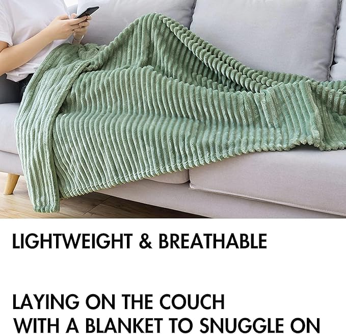 MIULEE Fleece Throw Blanket with Stripe Pattern 300GSM Super Soft Fuzzy Sage Green 3D Ribbed Jacquard Blanket for Couch Plush Warm Cozy Bed Blanket for Bed Sofa Chair Throw Size 50"x60"