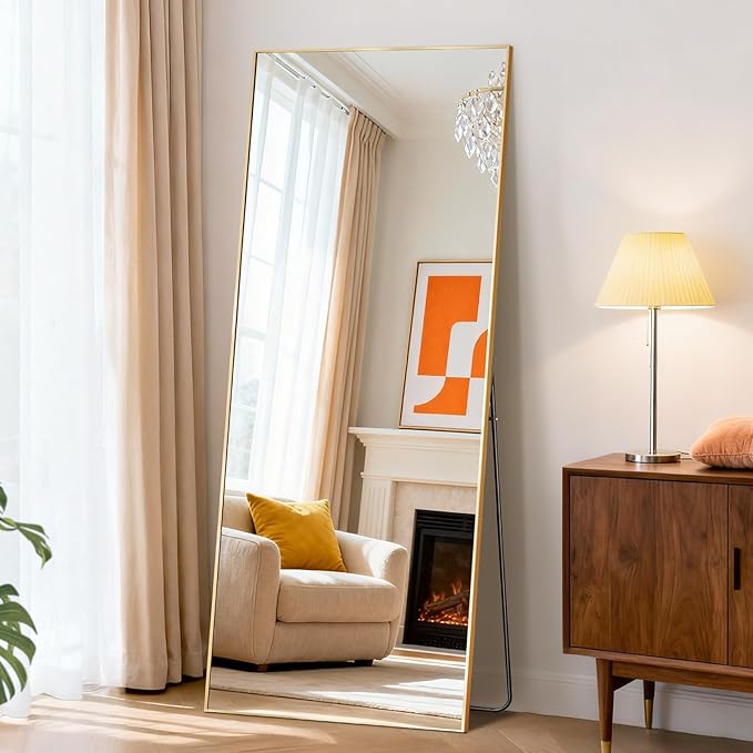 DUMOS Full Length Mirror with Stand, 65"x24" Floor Mirror with Aluminum Alloy Frame for Bedroom, Standing Full Body Mirror with Shatter-proorf Nano Glass for Wall, Living Room, Cloakroom, Gold
