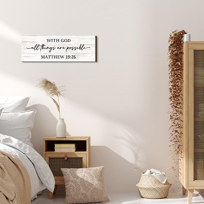Jetec Farmhouse Bible Verse Scripture Wall Signs, with God All Things Are Possible Wooden Plaque Decor for Church Home Christian Wall Art Decor(17 x 6 Inch, Matthew)