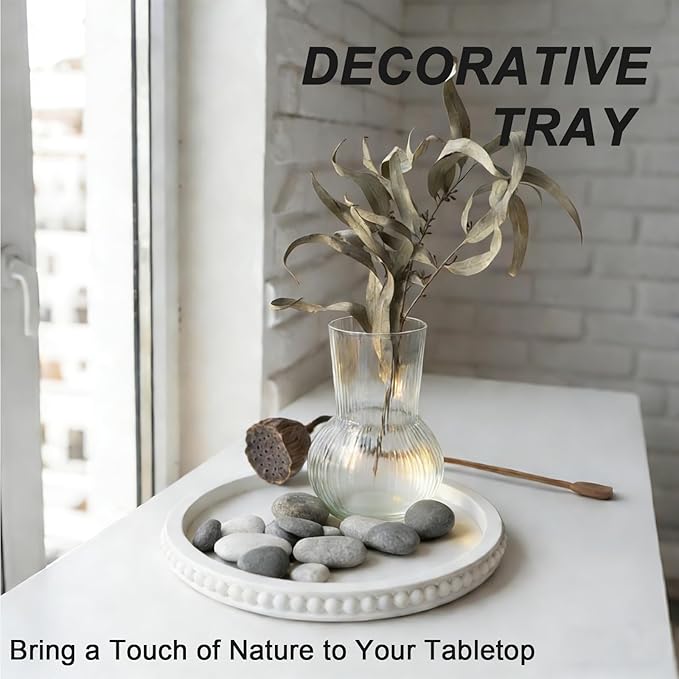 Decorative Tray for Coffee Table, Round Wooden Tray for Decor -White Beaded Distressed Rustic Farmhouse- Table Centerpieces for Dining Room Entryway Kitchen Counter Living Room