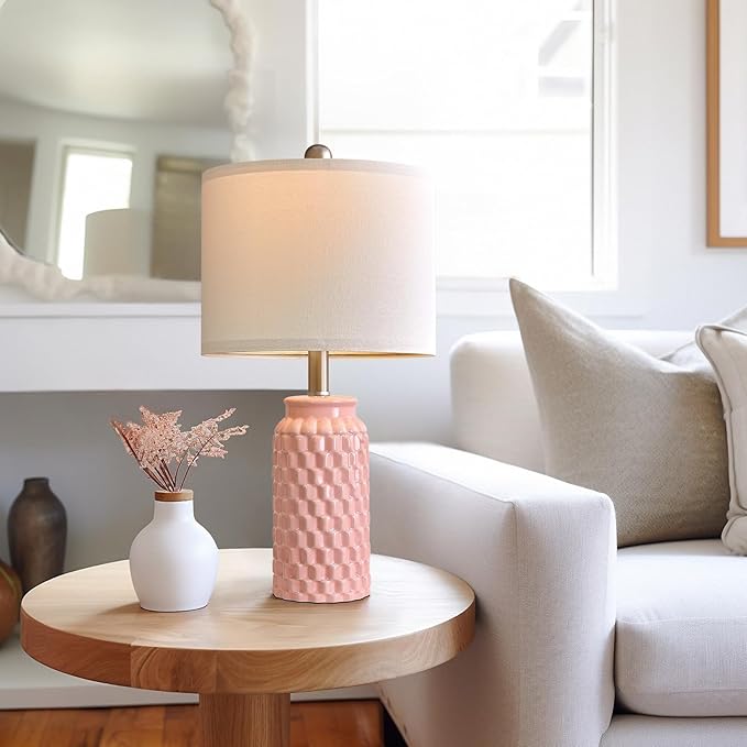 20.5" Small Bedside Lamps Set of 2 with 5FT Cord, Pink Ceramic Modern Farmhouse Table Lamps for Nightstand, Living Room, Bedroom, 3D Honeycomb Stylish End Table Lamps(Bulb Not Included)