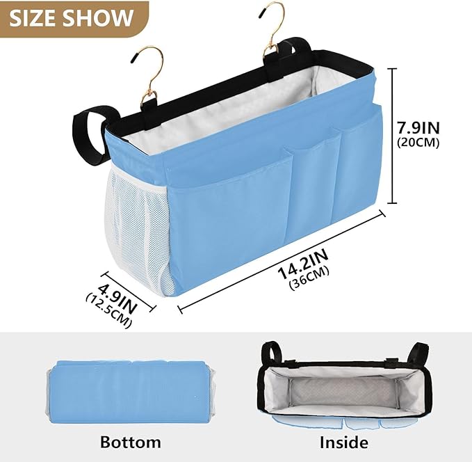Lake Blue Bedside Caddy Storage Bag Bedside Organizer for Dorm Room Top Bunk Bed Bedside Shelf Hanging Organizer 6 Pockets with Hooks for Glasses Book Tablet Holder