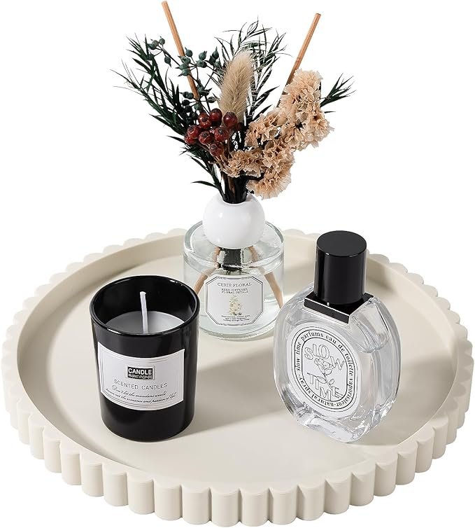 Round Bathroom Tray Silicone Kitchen Counter Decor Vanity Organizer Decorative Coffee Table Tray for Perfume, Candle, Soap Dish, 9 Inch, Beige
