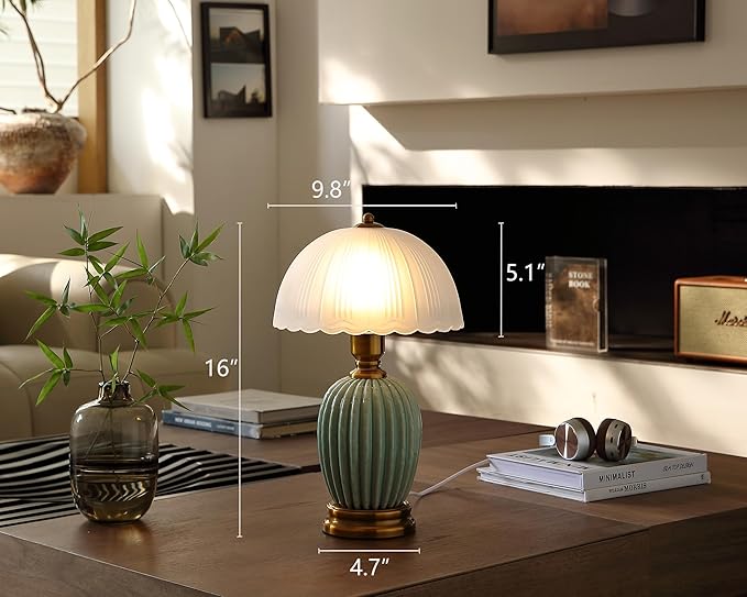 Vintage Table Lamp for Living Room,16" Mid Century Modern Ceramic Lamps for Bedroom,Retro Bedside Nightstand Mushroom Glass Lamps, Classic Chinoiserie Green Lamp for Home Decor (LD003)