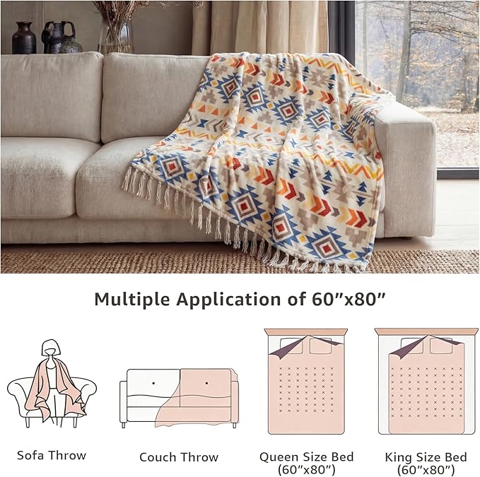 CASAAGUSTO Boho Throw Blanket - Colorful Decorative Blankets with Tassel, Printed Flannel Bohemian Blanket for Chair, Bed, Sofa, Couch(60 * 80, Colorful)