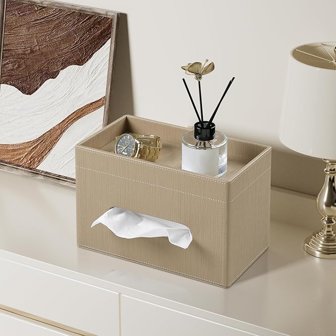 Plus Size Tissue Box Cover Rectangle, PU Leather Tissue Box Holder with Storage Tray, Decorative Organizer Tissue Holder for Bathroom, Bedroom Dresser, Night Stand, Office (Wooden Color)