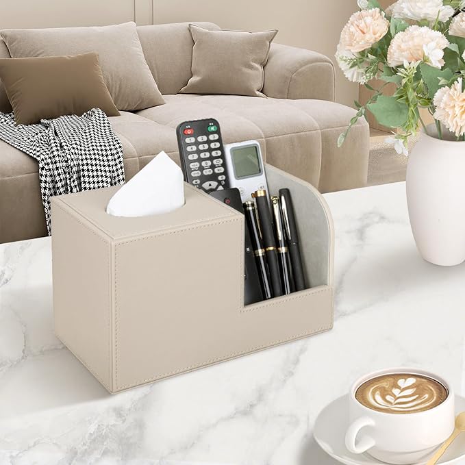 PU Leather Tissue Box Cover with Remote Control Holder, Square Tissue Box Holder for Living Room Bathroom Office (Dark Beige)