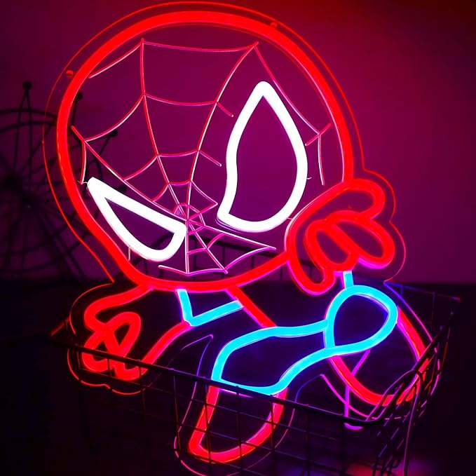LED Spider Neon Sign for Wall Decor, Dimmable Anime Light Up Display, Kids Bedroom Game Room Decoration, 12.2x15.7 Inch