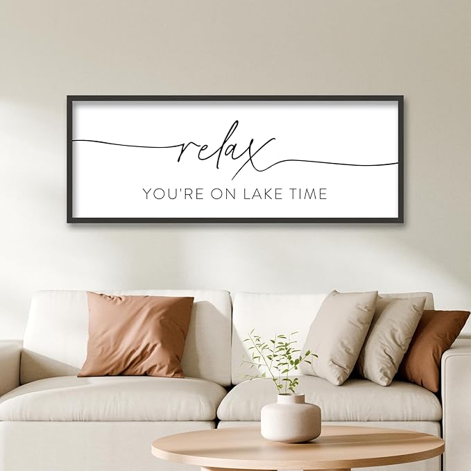SRSZHIYUE Relax You're On Lake Time Wall Decor Above Bed Sign 40"×15" for Lake House Bedroom Over Bed Large Vintage Wood Framed Farmhouse Gift For Lake Lover Home Hanging Art (Black)