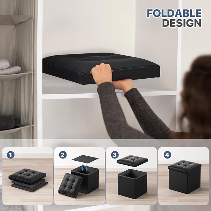 MoNiBloom Folding Storage Ottoman Cube, 15 Inches Small Ottoman with Storage, Footstool Rest Padded Seat for Living Room, Bedroom, Entryway, Hallway, Black