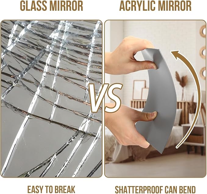 JUNEBRUSHS 4 Pack Self Adhesive Acrylic Mirror, 8 x 8 Inch Mirror Tiles,Flexible Plastic Mirror Sheets Wall Stickers,2MM Thick Mirrors