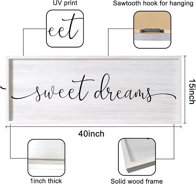 Sweet Dreams Decorative Rustic Sign & Plaque Framed Wall Art for Couples, 40''×15'' Farmhouse Wooden Horizontal Sweet Dreams Wall Decor Above Bed, Vintage Cottagecore Wedding Gift for Living Room