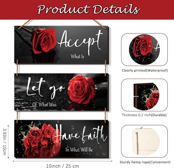 3 Pcs Red Decor Flower Rose Wall Art with Quotes for Girl Women Bathroom Living Room Bedroom Decor (Red Rose 10 x 4 Inch)