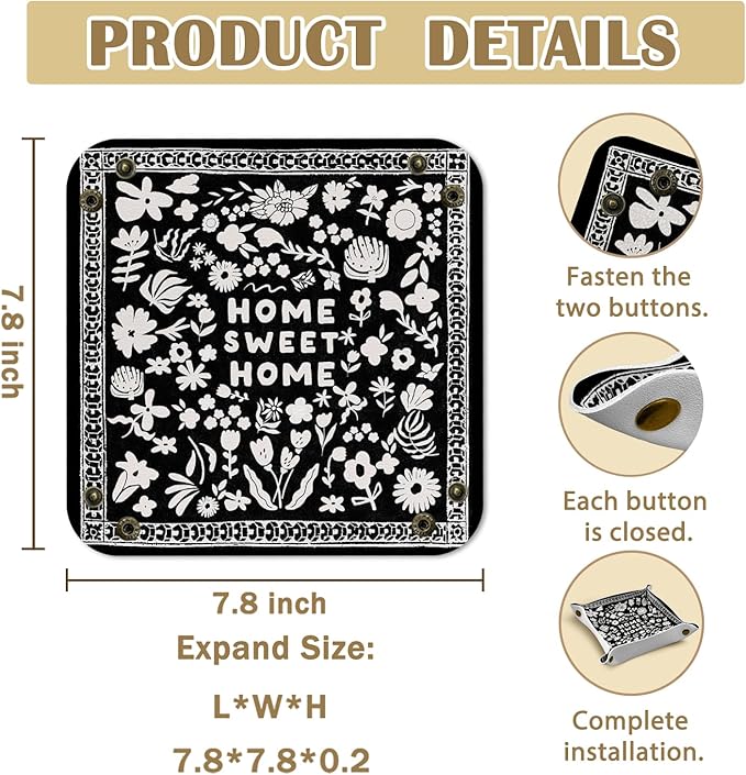 House Warming Gifts Leather Jewelry Valet Tray, New House Gifts, Home Sweet Home PU Leather Catchall Beside Caddy Nightstand Organizer Tray for Jewelry Rings Watches Keys, 7.8x7.8inch