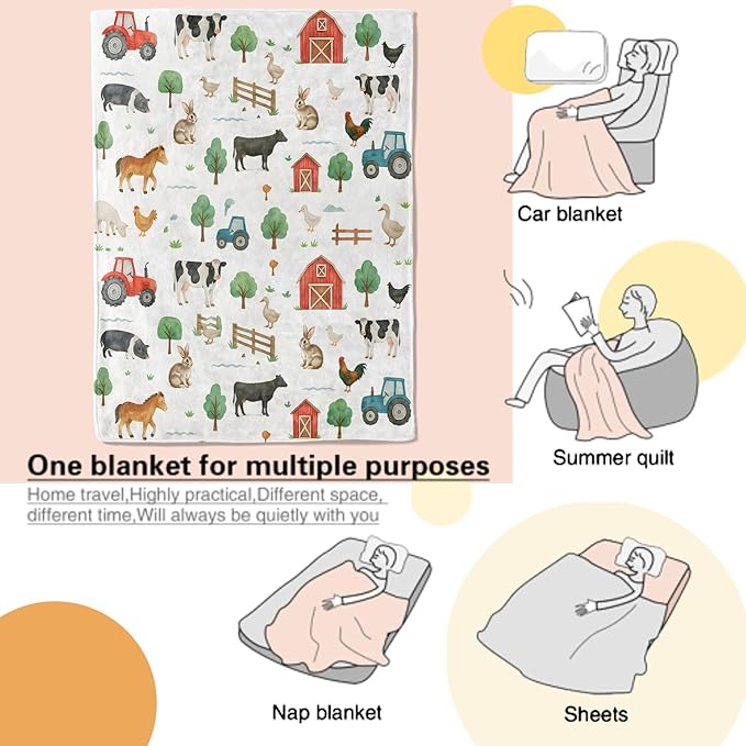 Farmhouse Blanket Cute Farm Pattern with Cow Horse Tractor and Barn Throw Blankets Lightweight Flannel Throws for Camping Couch Office Bed Country Home Decor Gifts for Adults,80x60inch