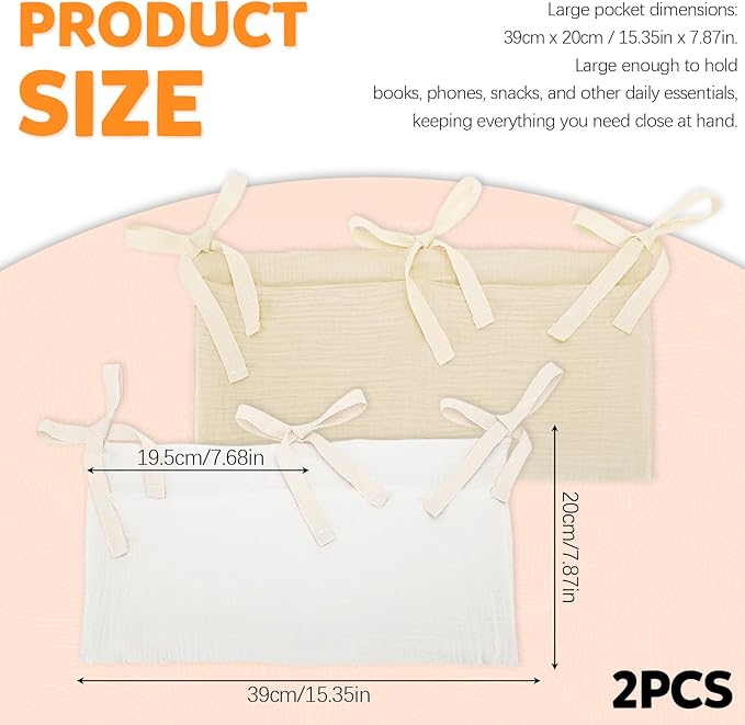 2 Pieces Solid ColorBedside Caddy with 2 Pockets, Bedside Hanging Storage Organizer, Dorm Rooms Bunk Bed Storage Bag for Home Phone Remote Control Key Glasses (Light Tan, White)