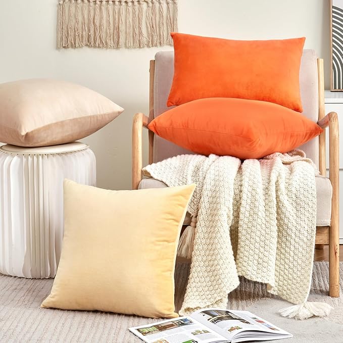 Fall Orange Throw Pillow Covers Decorative Velvet Set of 2 16x16 Inch Pillow Covers, Soft Burnt Orange Pillowcases for Couch Sofa Bed Living Room, Farmhouse Boho Decor, Accent Cushion Covers